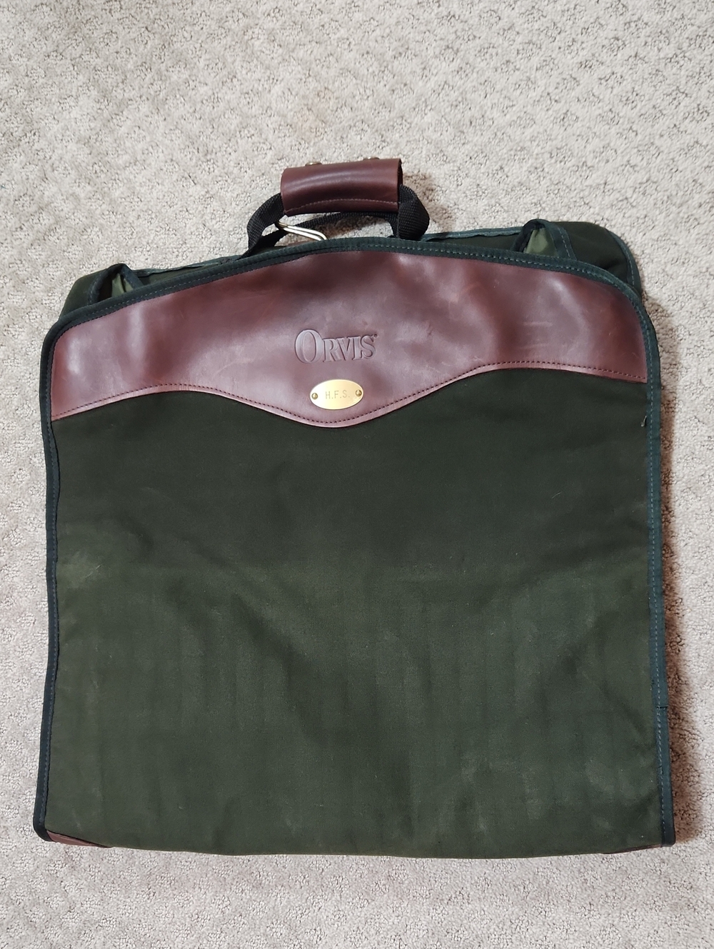 Orvis Dark Green Canvas Garment Bag with Brown Leather Accents
